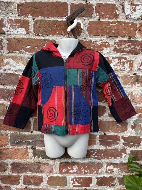 Felpa con cappuccio/giacca in cotone patchwork cappotto hippie/boho/festival 3-4 anni