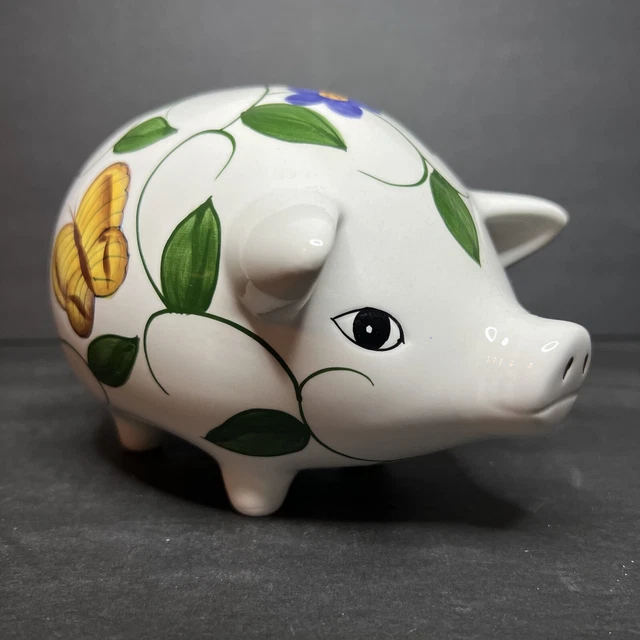 Art Pottery Painted Pig Floral Ladybug Butterfly Vintage Piggy Bank