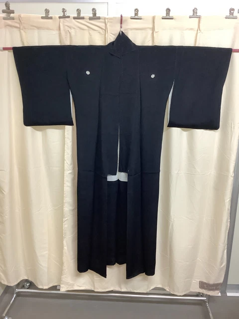 Japanese Vintage Kimono silk Tomesode family crest black length 57.08 inch used