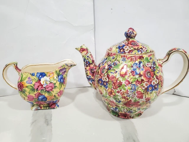 Set of (2) Vtg Royal Winton Sunshine Grimwades Chintz Tea Pot & Creamer