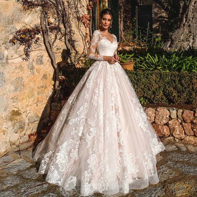 Luxury Wedding Dresses Classic Illusion Lace Applique Long Sleeves Princess Gown