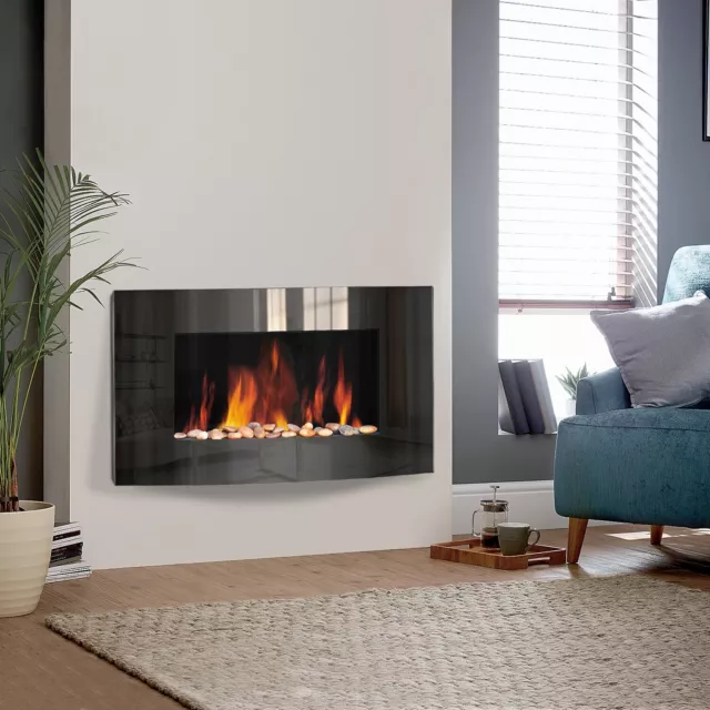 Wall Mounted Electric Fire Fireplace Black Glass Curved LED Flicker Effect Flame