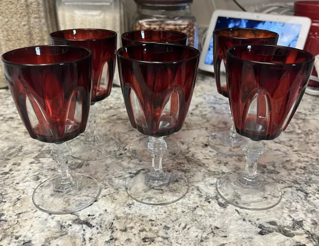 Set of 6 Cristal D'arques Durand Gothic Ruby Red Wine Glasses From France