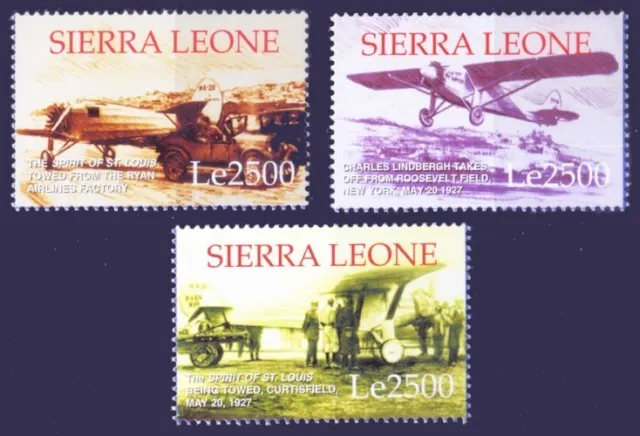 Sierra Leone 2002 MNH 3v, Lindbergh 1st Solo Trans-Atlantic Flight, Aviation