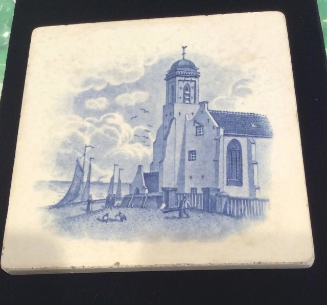 Tile Trivet Transfer Printed Design of Church by the Sea Blue & White # 92