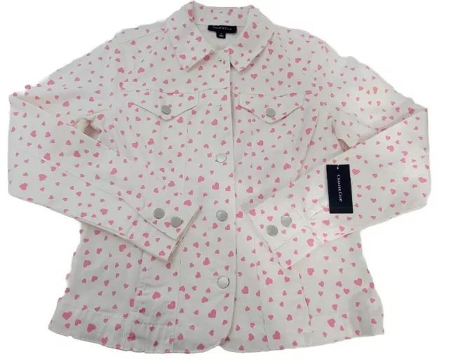 Charter Club Denim Jacket White/ Pink Hearts Women's Small New With Tags $80MSRP