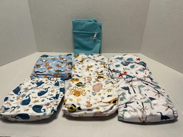 New! Leekalos Reusable Baby Diaper Cloth w/ Bambo Inserts & Wet Bag  6PK  Unisex