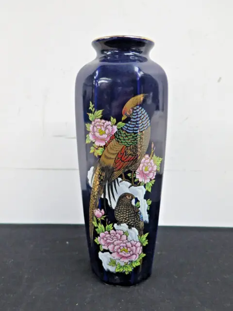 Vintage Japanese Kutani Deep Cobalt Blue Ceramic Vase with Pheasants Ornament