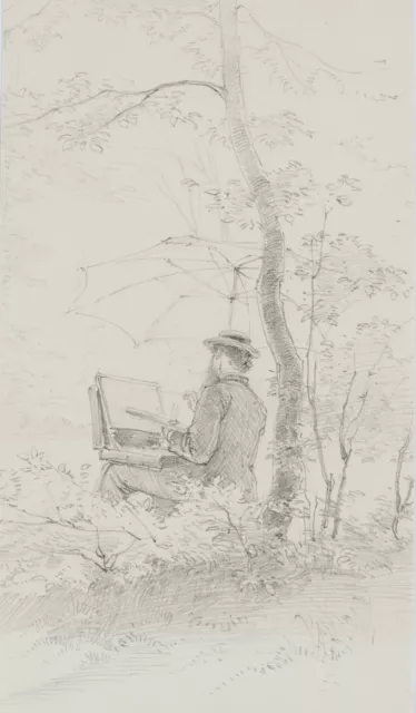 A. HENDSCHEL (*1834), Künstler im Wald, Bleistift Romantik Porträt 1800-1849