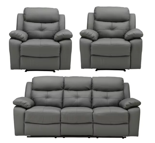 DARK GREY Real Leather 3 Seater,2 Seat, Armchair Recliner Sofa Suite CHICAGO 311