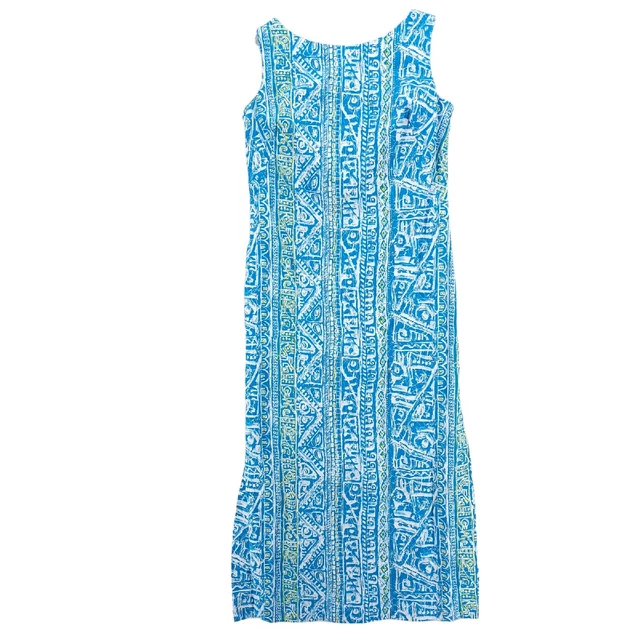 Vintage 1970’s Tohki Hawaii Bark Cloth Blue Geometric Tiki Print Maxi Dress 16