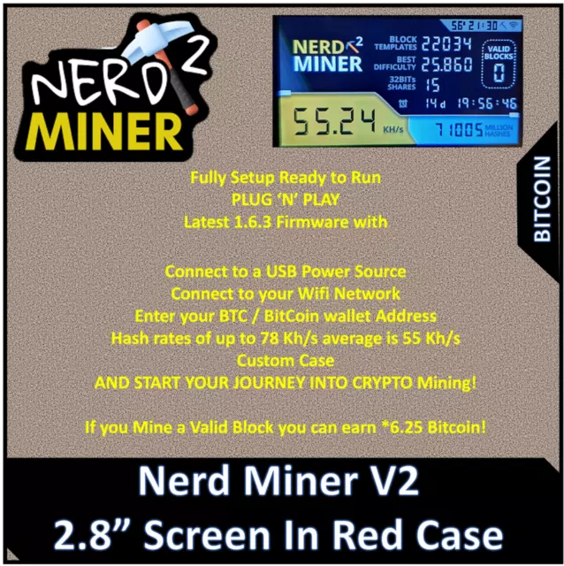 NerdMiner V2 Bitcoin BTC Lottery Miner 56K FW 1.6.3 Large screen RED version