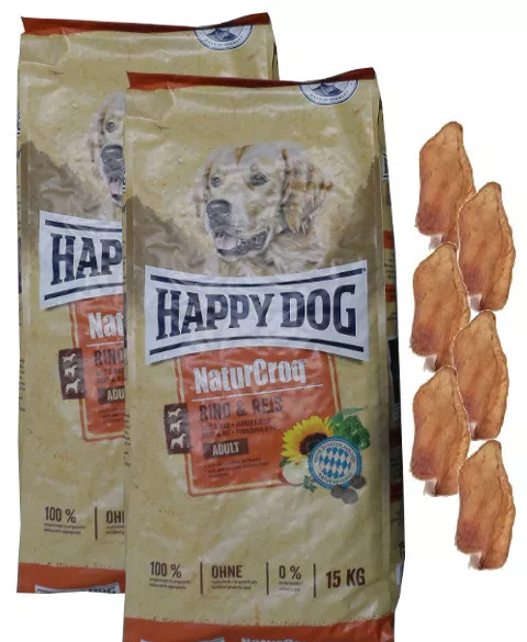 2x15kg Happy Dog  Naturcroq Adult Rind & Reis Hundefutter +  6 x Kaninchenohren