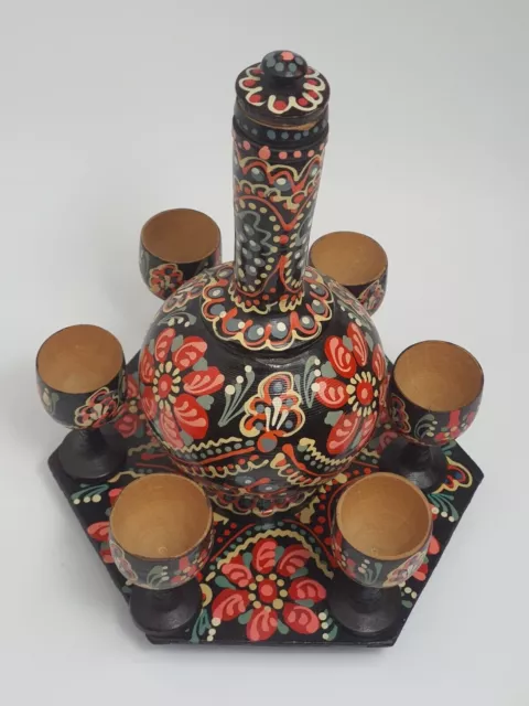 Liqueur set bottle & 6 glasses wooden drinking vessel black flowers hand-painted 3
