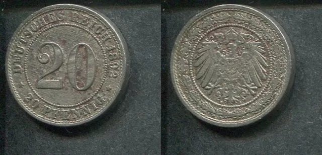 KAISERREICH 1892 A - 20 Pfennig in Nickel, ss! Jäger 14