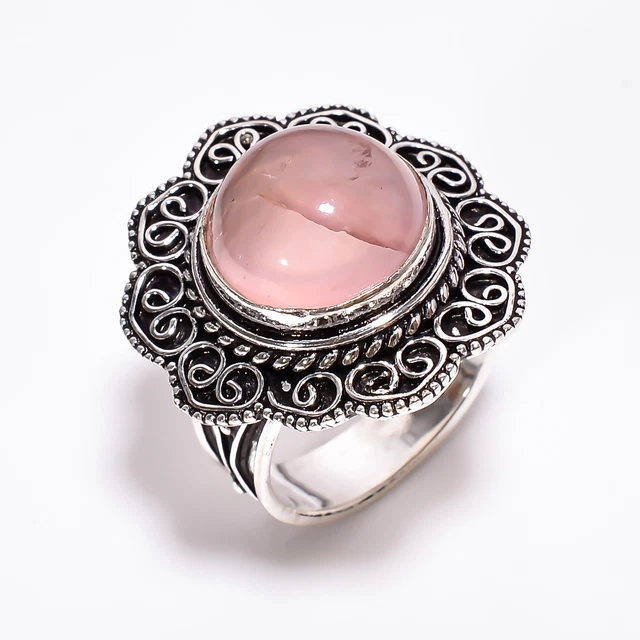 Rose Quartz Gemstone Vintage Handmade 925 Sterling Silver Ring 8 US GSR-1241
