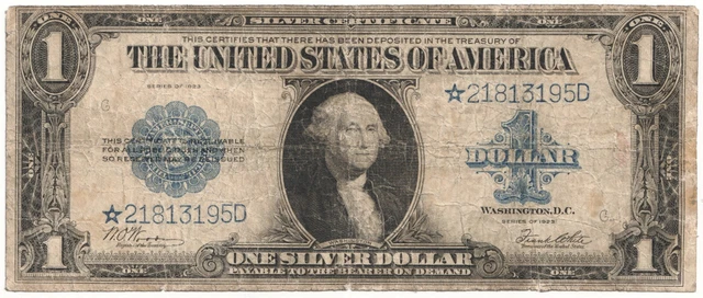 1923 US $1 Silver Certificate Blue Seal FR238 Star note *21813195D Woods & White