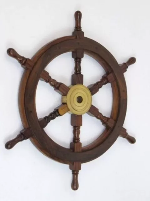 Vintage 18 Inch Boat SHIP WHEEL Brown Wooden Steering Wheel Wall Nautical Decor