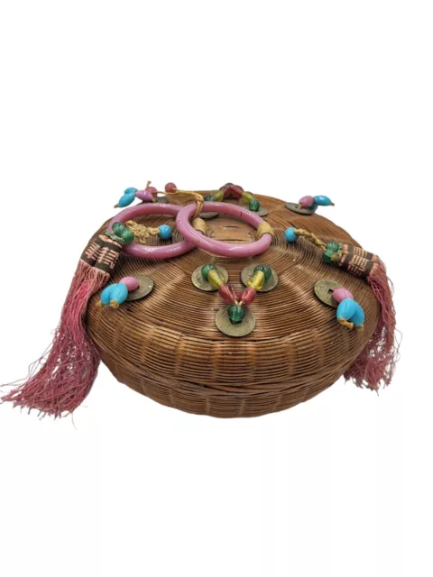 VINTAGE ANTIQUE ASIAN Wicker Rattan Pine Needle Sewing Basket Beaded ...