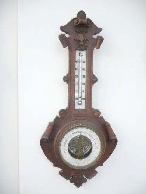 c.1880 VERY OLD EUROPEAN WEATHER STATION BAROMETER w.BLACK FOREST SCROLL CARVING