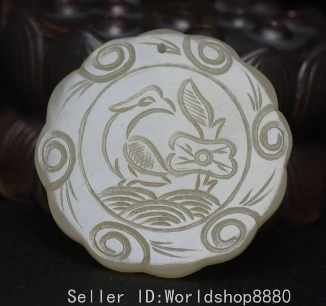2" Old China Hetian Jade Carved Fengshui Animal Goose Bird Flower Amulet Pendant