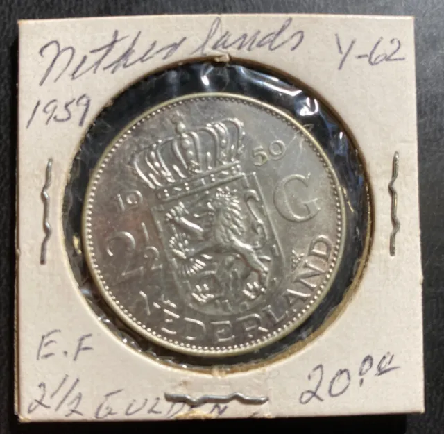 1959 Netherlands Y-62 2 1/2 Gulden Silver Coin