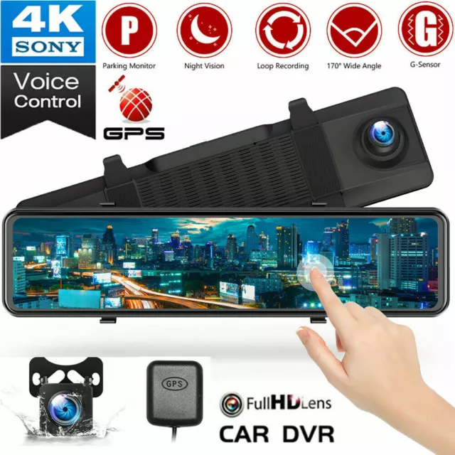 TOGUARD 4K Mirror Dual Dash Cam 12" Front Rear GPS Car Camera Voice Control