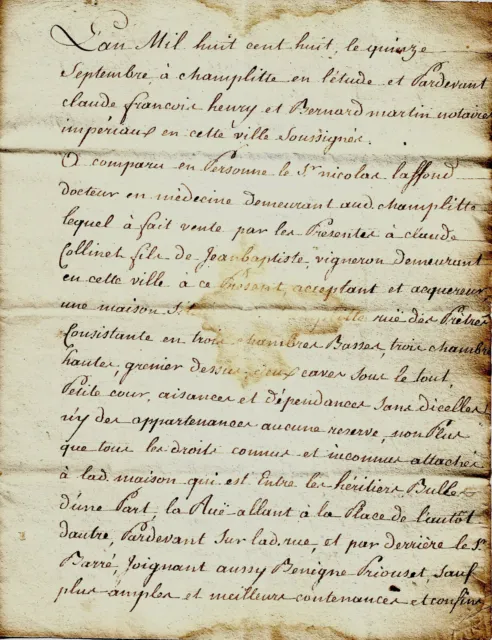 1808 vente de la maison BRIFFAUT à Champlitte par LAFFOND médecin à COLLINET