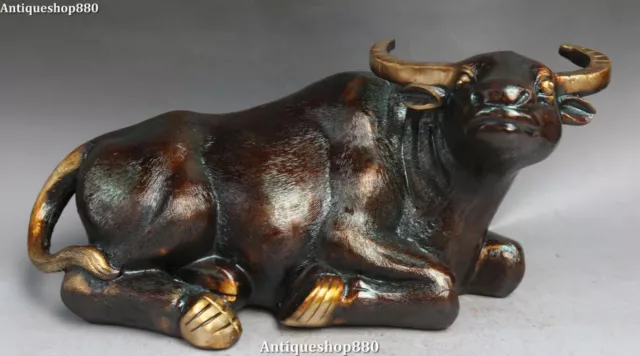 12" Chinese Bronze Gilt Fengshui Zodiac Year Cattle Bull Ox Oxen Animal Statue