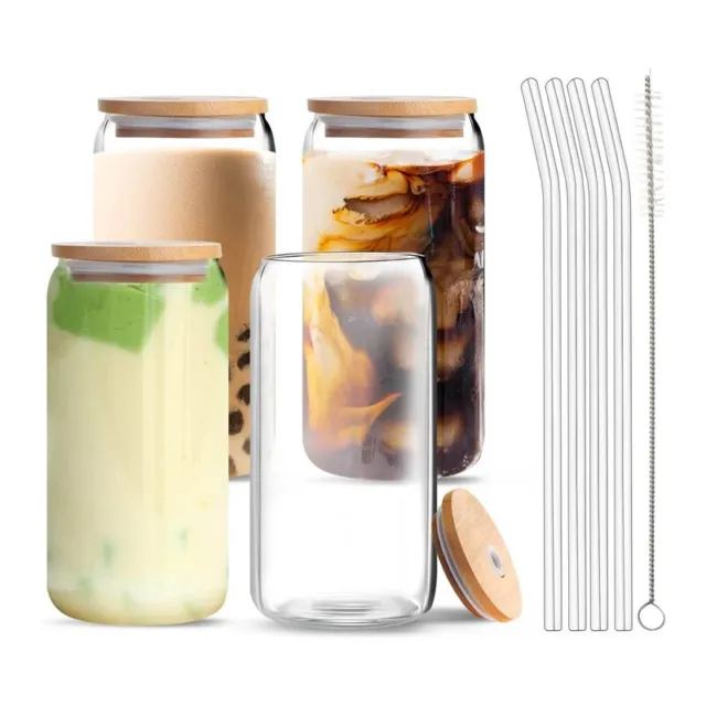16 Oz Beer Can Glass With Lids Straws, 4 Pack Glass Tumbler Iced Coffee Cups  Reusable Drinking Glasses, Wide Mouth Smoothie Bottles Ideal For Soda Juice  Cola Cocktail