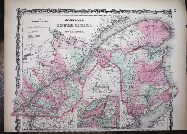 1863 Johnson's Atlas Map ~ QUEBEC, NEW BRUNSWICK - EAST CANADA ~ (14x18)   #823