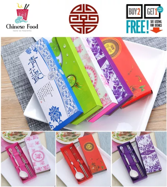 New Chinese Chopsticks Gift Set + Free Spoon Stainless Steel Korean | Uk Seller