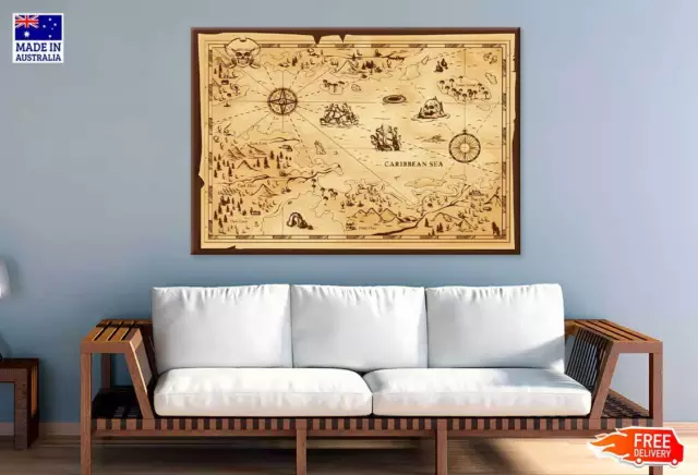 Caribbean Sea Old Pirate Map Wall Canvas Home Decor Australian Made Quality