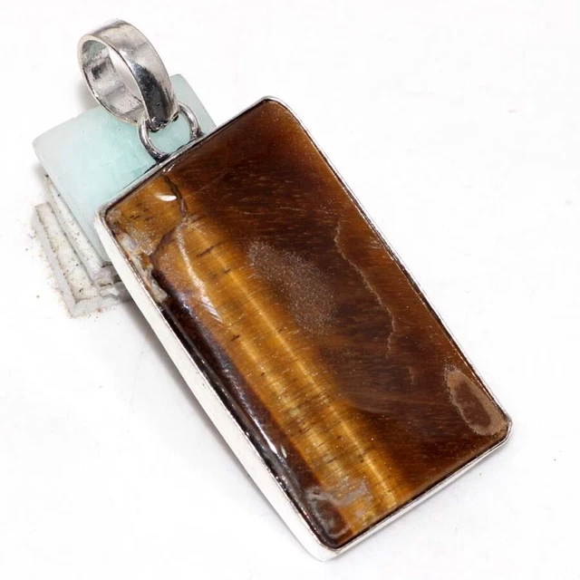 Tiger Eye 925 Silver Plated Gemstone Handmade Pendant 2" Wedding Jewelry Gift GW