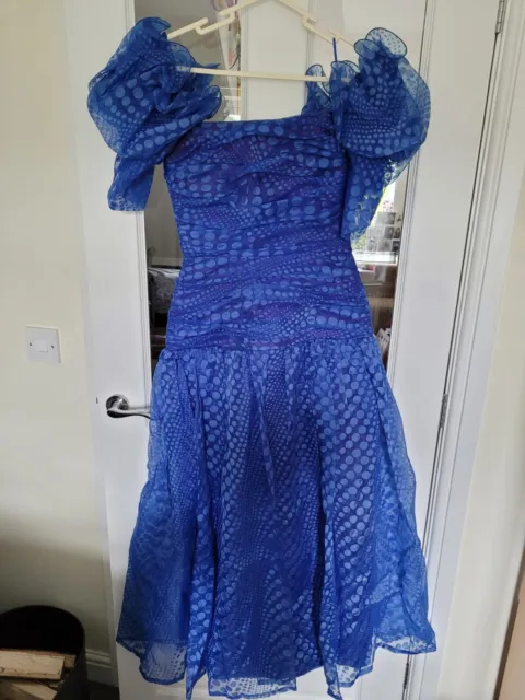 frank usher vintage evening dress 90s Blue Gown Blue Multilayer Dots