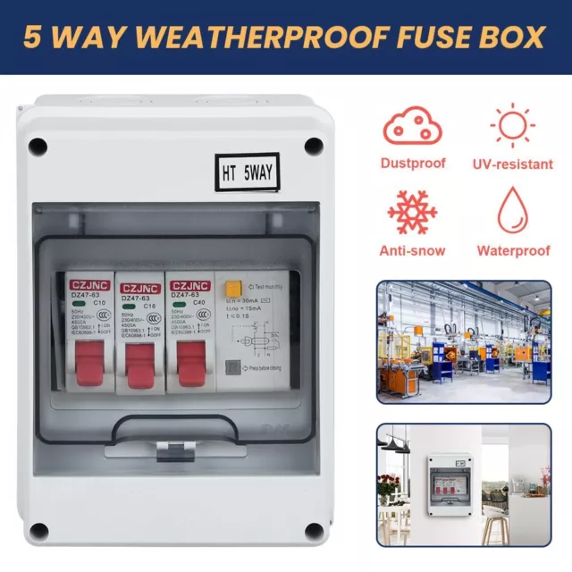 5 Way Garage IP65 Weatherproof Consumer Unit Enclosure 16A 40A 30mA RCD Fuse Box