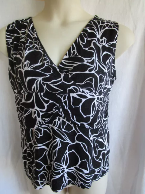 LIZ JORDAN, Black & White Top, V-Crossover Neck, Stretch, Size L (14), Exc Cond