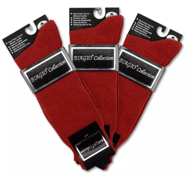 3 Pair of Biagio Solid MAROON Burgundy Solid Mens COTTON Dress SOCKS