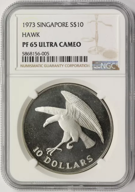 1973 Singapore Silver $10 Hawk NGC PF65 Ultra Cameo