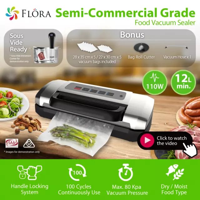 Flora Food Vacuum Sealer Saver Storage Machine Semi- Commercial Grade 110W 80Kp