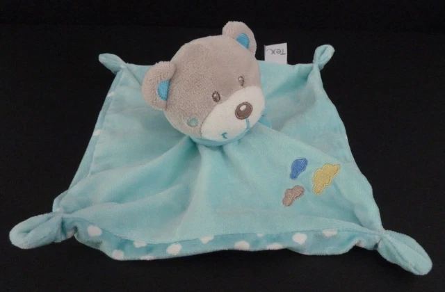 EB. DOUDOU PLAT OURS TEX Carrefour Bleu blanc nuage jaune gris - ETAT NEUF