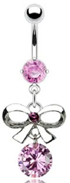 316L Surgical Steel Prong Set Double Gem CZ Dangle Navel Belly Ring w/Bow Tie