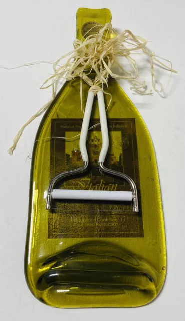 Cheese Board Slicer Titan Art Glass Upcycled Green Wine Bottle Shape Wine Label