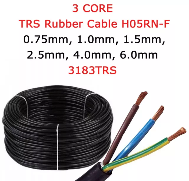 H05RN-F 3 Core Rubber Cable 0.75mm 1mm 1.5mm 2.5mm 4mm Flex Pond Black 3183TRS