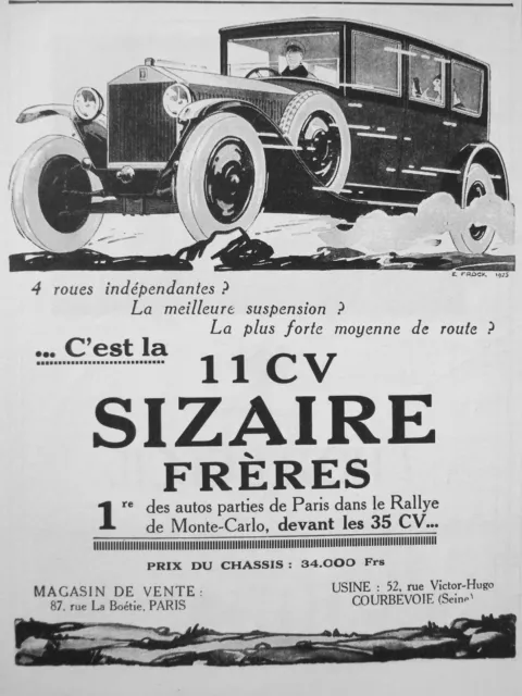 1925 PRESS ADVERTISEMENT IT IS THE 11 HP SIZAIRE BROTHERS 1st RALLYE DE MONTE-CARLO