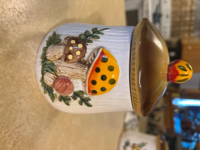 Vintage 1978 Merry Mushroom 5” Ceramic Canister / Jar with Lid - SEARS Roebuck