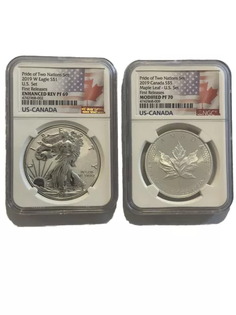 2019 Pride of Two Nations US Set Silver Eagle Maple Leaf PF 69/70 First Release