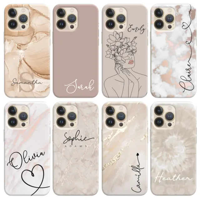 Personalised Beige Marble Phone Case Name Slim Cover For iPhone 11 12 13 14 15