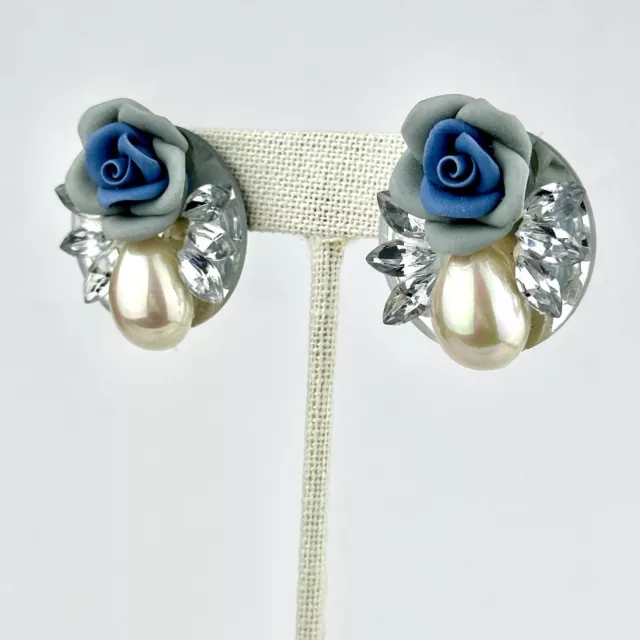 VTGBlue Ceramic Rose Pear Cut Faux Pearl Rhinestone Mirror Back Post Earrings 2