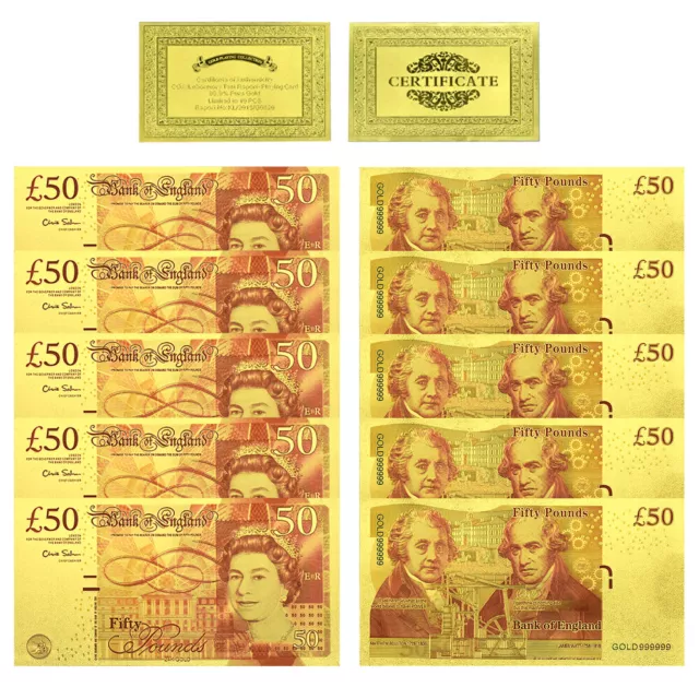 10 Pc Elizabeth II 50 Pounds Gold Foil Banknotes Home Decoration Card Collection